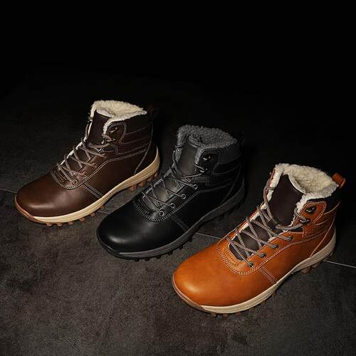 Winter Warm Men Boots Leather Fur Waterproof Shoes 男大尺码