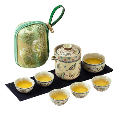 Full Flower Yellow Ru Kiln Hover Express Cup Travel Tea Set
