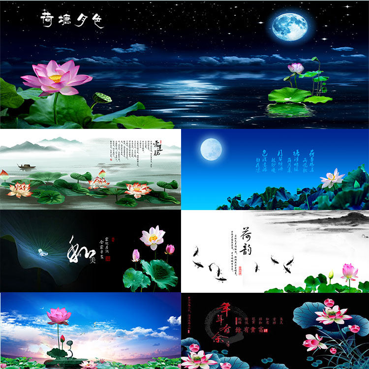 鱼缸背景纸画高清图3d立体壁纸鱼缸背景画荷花荷韵水族箱造景贴纸