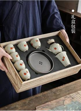 草灰手柿子功夫茶具套装仿古泡20896茶盖家碗茶壶茶木杯用绘办公