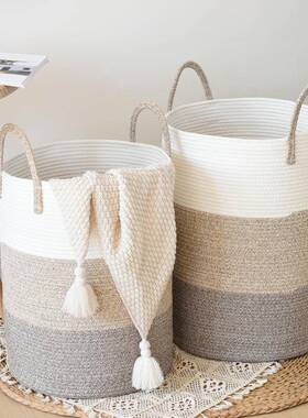 织北欧圆形棉绳JM032701收纳筐厂编脏衣篓超大号衣可物折叠收纳篮