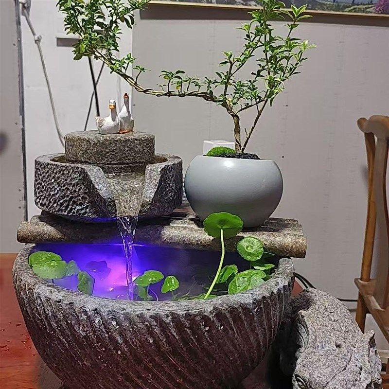 中式花缸桌面流水摆件循环鱼缸造景貔貅吐水办公室茶几书房装饰