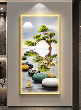 2024新款玄关装饰画迎客松走廊尽头过道挂画灯光画入户正对门壁画