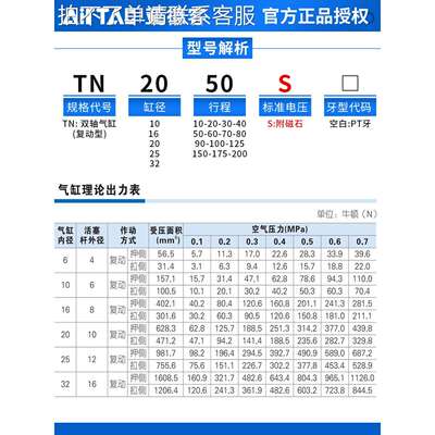 亚德客双轴双导杆气缸TN10/16/20/25X10X20x25X30x35x40x45x50-S