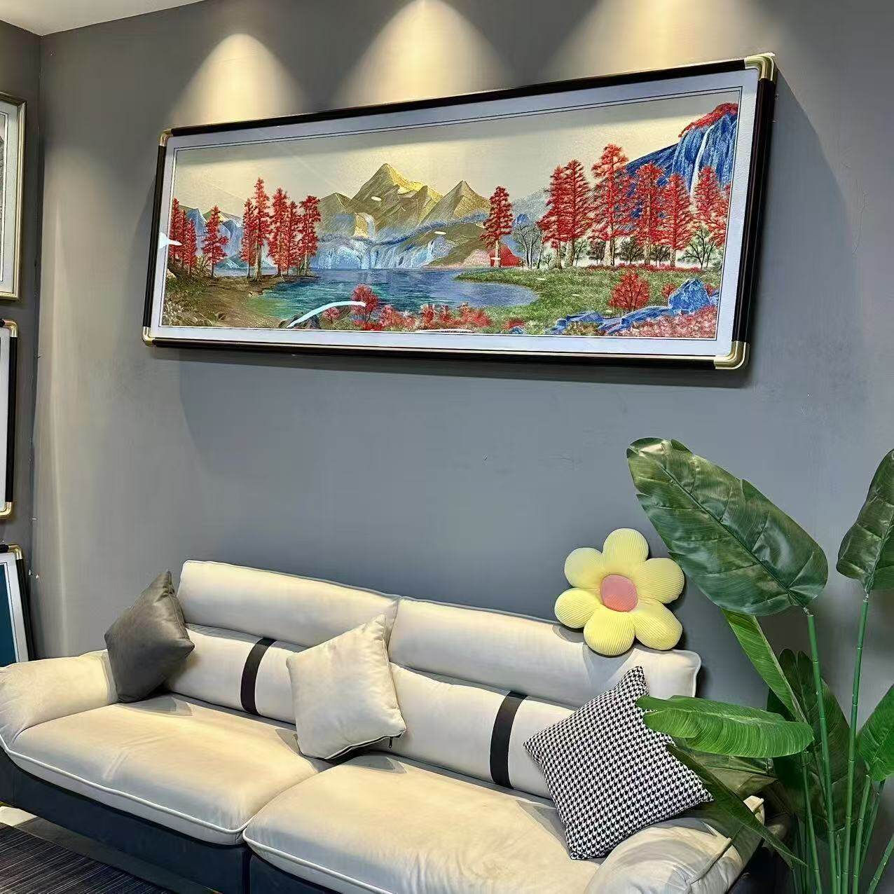 客厅装饰画金山聚宝盆沙发刺绣背景墙挂画织锦苏绣山水中式壁画