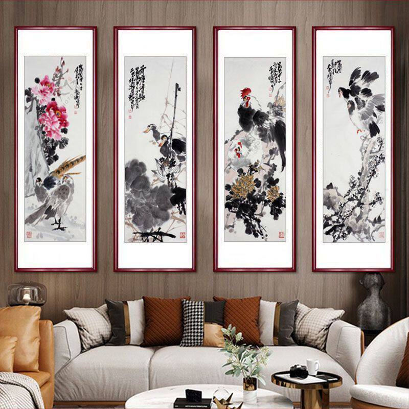 新中式四条屏水墨挂画客厅沙发背景墙装饰画中国风国画玄关壁画