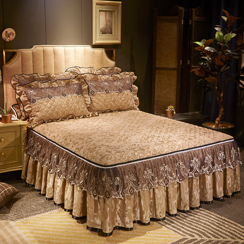 欧式可拆卸天鹅绒压花夹棉床裙单件防滑加厚双人冬保暖床罩三件套