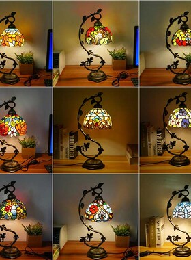 新款欧式创意复古彩色玻璃卧室小夜灯田园树藤座按钮控制台灯暖光