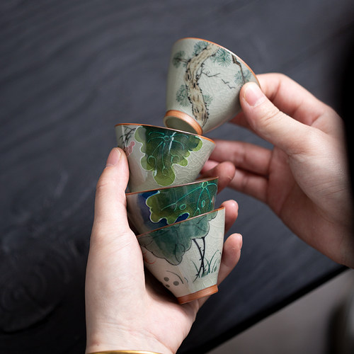 开片哥窑纯手绘品茗杯可养主人杯功夫茶具茶杯小号斗笠杯茶具配件