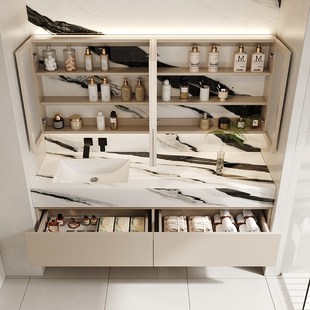 熊猫白岩板陶瓷一体浴室柜洗手池洗脸盆卫生间洗漱台定制