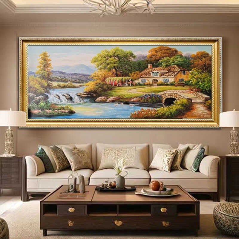 纯手绘油画欧式风景山水画客厅沙发背景墙挂画玄关装饰壁画卧室