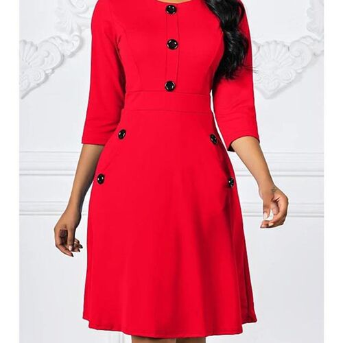 Women Spring Autumn Solid A-Line Dress Single-Breasted