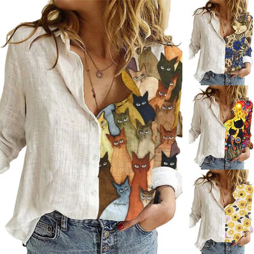 Fashion Women Buttons Long Sleeve Sunflower Cats Patchwork B