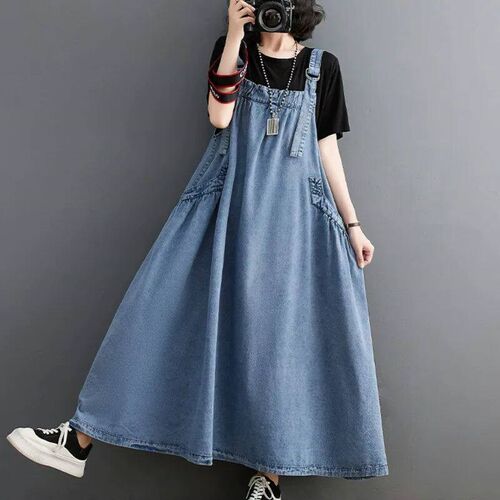 Loose Strap Skirt Denim Dress Women Oversized Long Dresses S