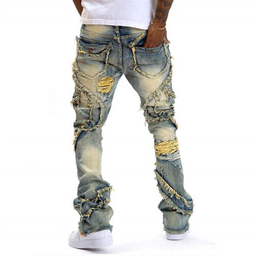 Mens ripped slightly flared fringe stretch jeans T