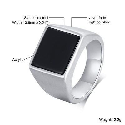 Ring for Men, Stainless Steel Square Signet Ring, Black Enam