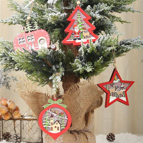 LED Light Christmas Tree Star Car Wooden Pendants Ornaments