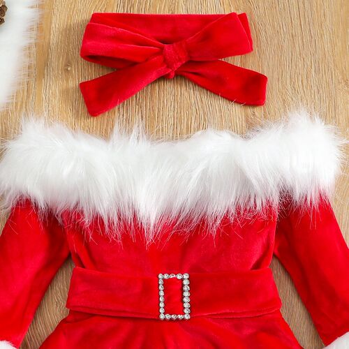 Christmas Dress Kid Baby Girl Clothes Faux Fur Patchwork Lon