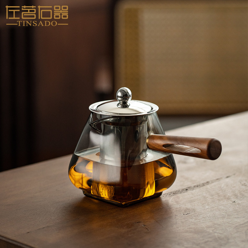 左茗右器加厚侧把玻璃壶茶水分离套装耐热煮茶器黑晶炉防烫泡茶壶