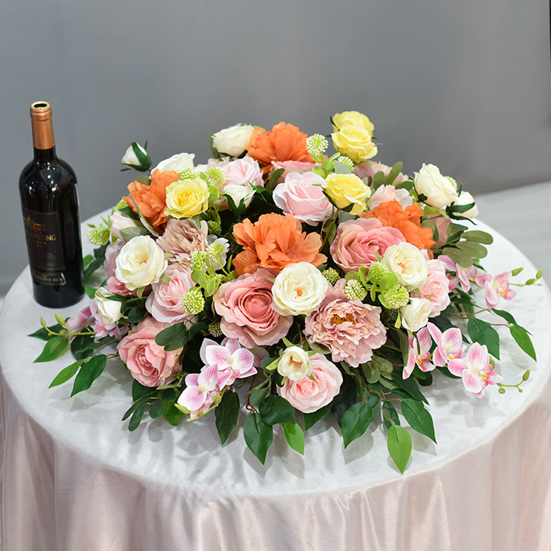 新款酒店大圆桌餐桌摆花饭店圆形桌转盘中间花艺装饰假花仿真台花