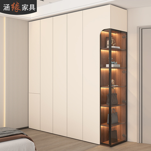 奶油风l型转角衣柜带床头柜一体家用卧室衣帽间一门到顶大衣整体