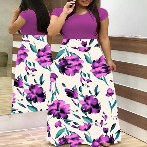Plus Size Women Autumn Print Stitching Flower Casual Long Pa