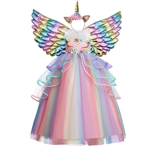 Girls Kids Unicorn Cosplay Dress For Children Rainbow Sleeve