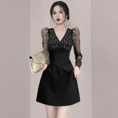 Vintage Black Party Mini Dress 2022 Korean Spring Women Eleg
