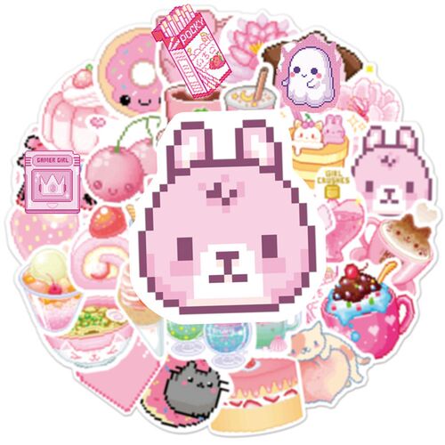 2023New 50PCS INS Style Cute Pink Pixel Cartoon Stickers DIY