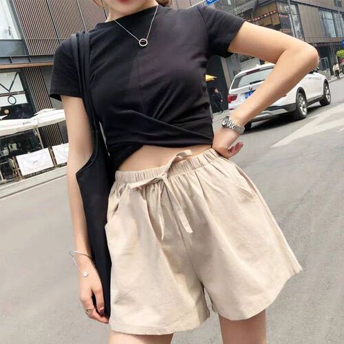 Cotton Linen Shorts Women Fashion Workout Shorts High Waiste