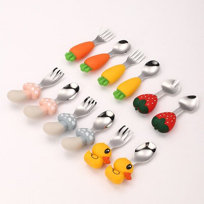 Cute silicone handle spoon fork childrens cutlery set 304