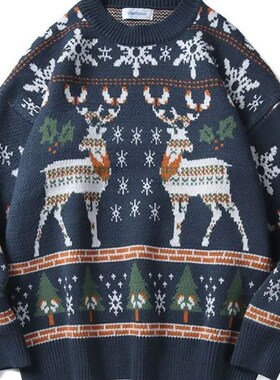 Ugly Christmas Sweater O-Neck Deer Knitted Top Men Oversized
