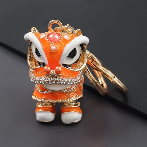 Chinese Style Alloy Enameled Diamond Lion Dance Keychain Met