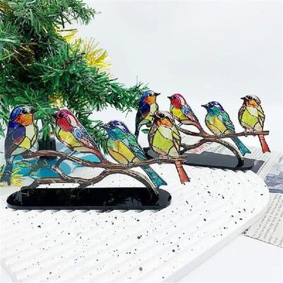 Multicolor Birds Stained 2D Acrylic Birds on Branch Desktop