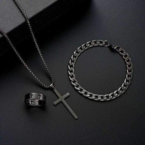 3pcs Set Mens Stainless Steel Metal Cross Pendant Chain Nec