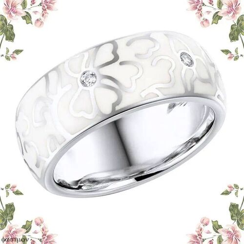 Handmade Ceramic Ring For Women Elegant White Flowers Patter