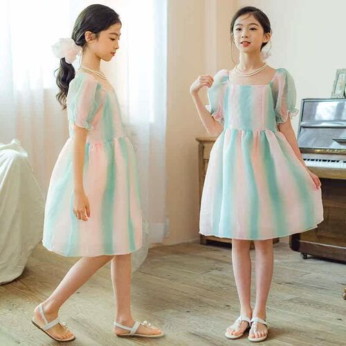 Childrens Princess Dress Summer Dress Colorful Mesh Dress B