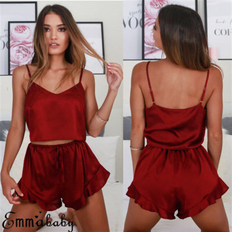 Silk Robe Camis Shorts 2Pcs Babydoll Nightwear Red Sleepwear - 实物图