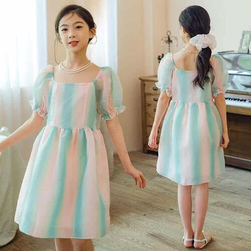 Childrens Princess Dress Summer Dress Colorful Mesh Dress B