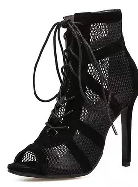 New Fashion Show Black Net Fabric Cross Strap Sexy High Heel