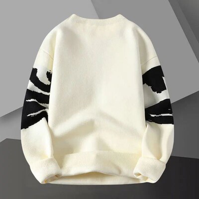 Letter Contrast Printing Sweater Pullover Crew Neck Men Swet