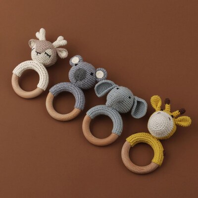 1pc Wooden Crochet Bunny Rattle Toy BPA Free Wood Ring Baby