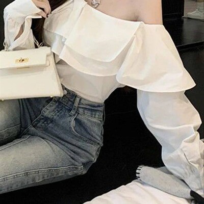 Korean Fashion White Shirts Women Spring Long Sleeve Slash N