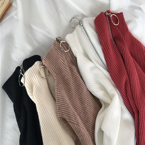 2023 Knitted Women Zipper High Neck Sweater Pullovers Turtle