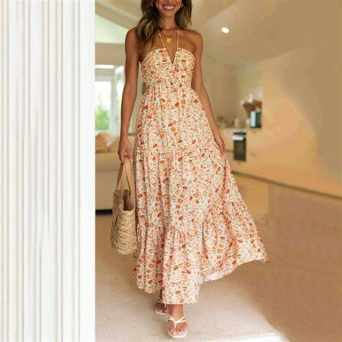 Summer Holiday Maxi Dress Women Spaghetti Strap V Neck Chic