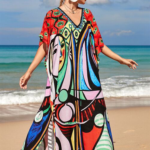 2022 Loose Boho Style Maxi Dress Print Face Swim Suit