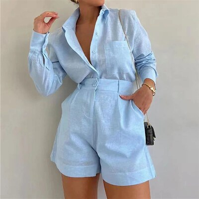 Fashion Cotton Linen Loose Short Shirts Sets Long Sleeve Lap