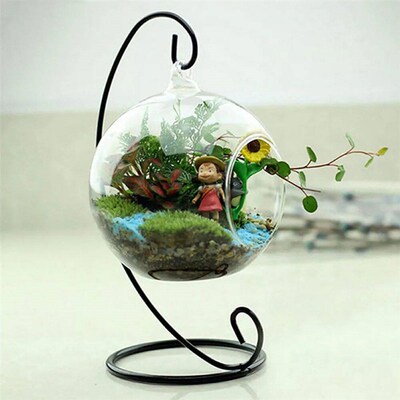 Simple Iron Metal Lantern Stand Hanging Candlestick Glass Gl