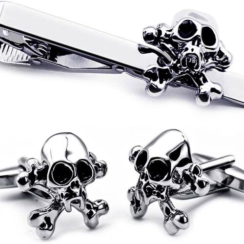 Mens Punk Skeleton Cufflinks Tie Clips Wedding Role Playing