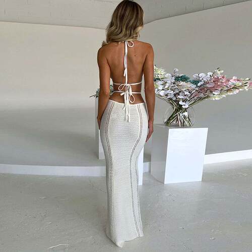 Halter Hollow Strapless Dresses for Women V Neck Lace Up Bac